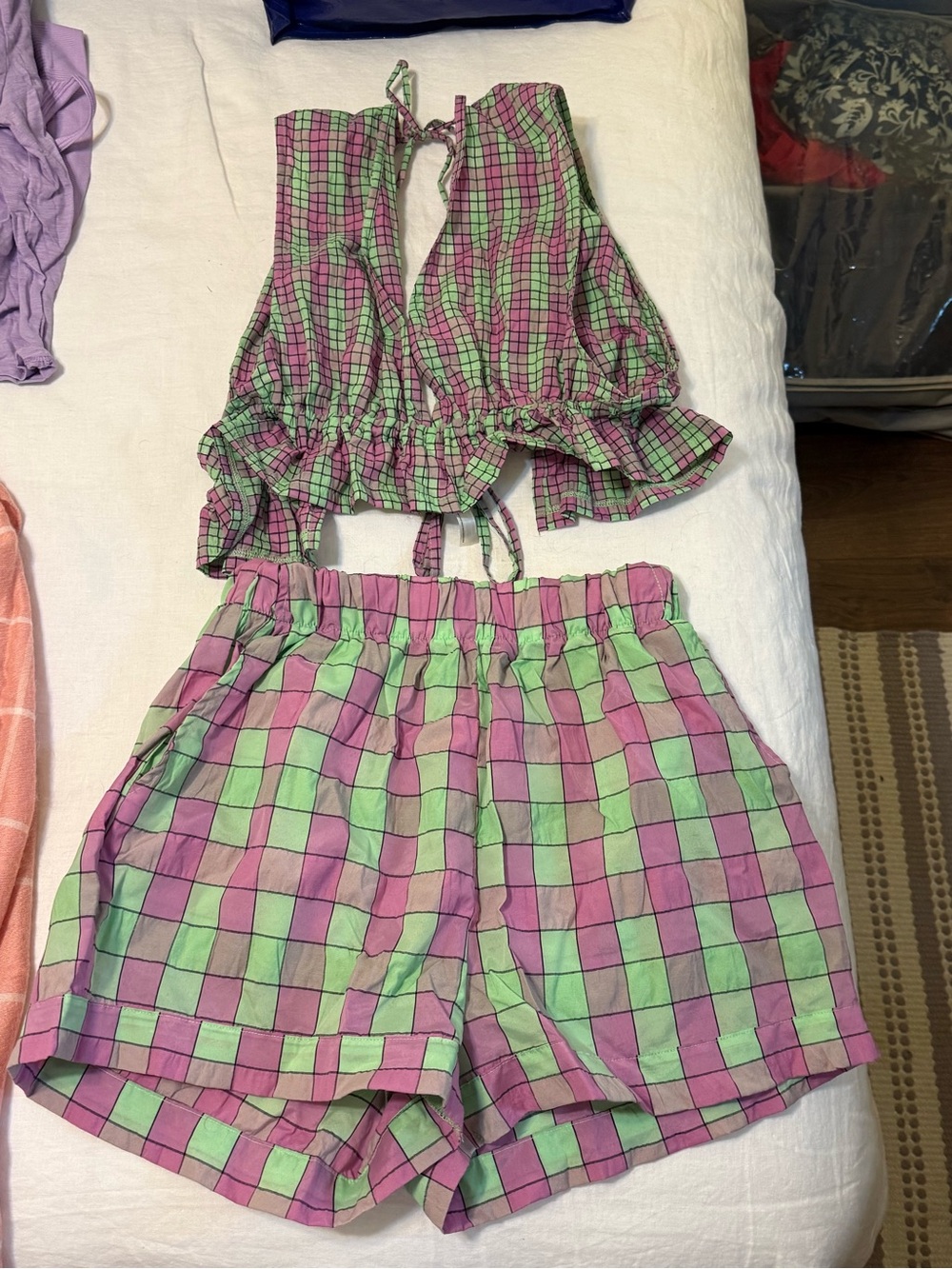 Free People Linus Plaid Set in a purple and green check pattern